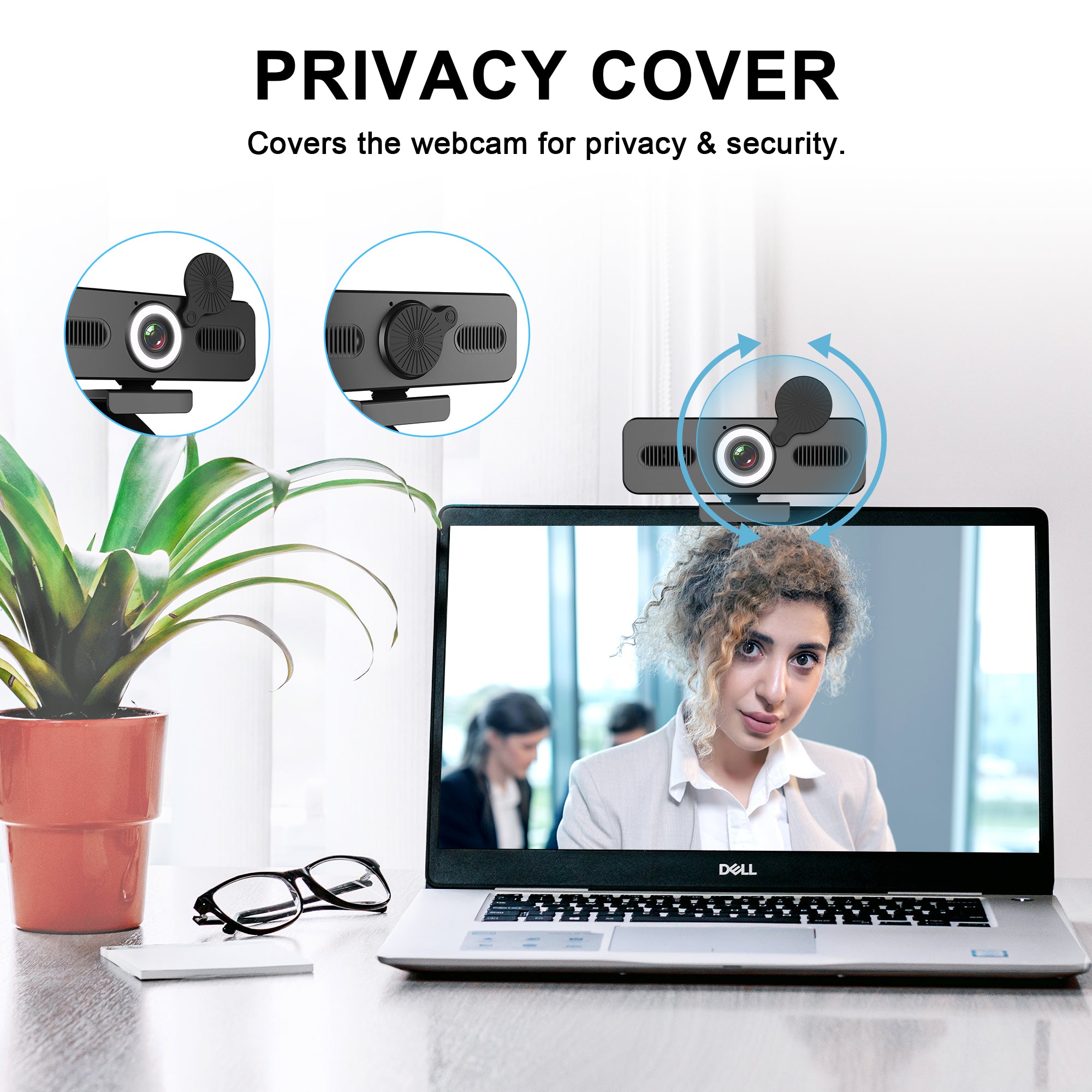 JOYUSING 2K QHD Webcam with Microphone and Speaker, USB PC Computer Web Camera with Ring Light, Privacy Cover, 120-Degree Angle, Plug and Play, Compatible with Zoom/Skype/Teams/Webex